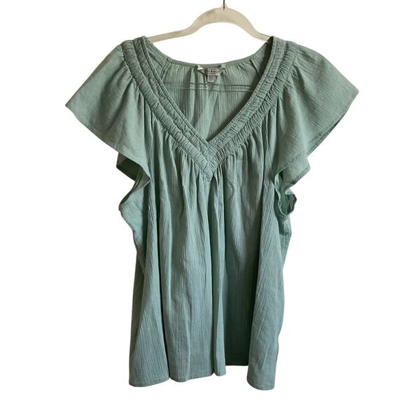 Lucky Brand Mint Green Gauzy Cotton Flutter Sleeve Blouse - Size Large - Picture 1 of 6